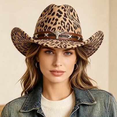 European And American Classic X Rivet Cow Head With Decorative Leopard Print Denim Hat, Casual Vacation Elegant Party Top Hat