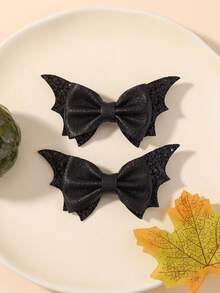 2pcs/Set Holiday Bat Bow Hair Clips, Printed Fabric Ponytail Hair Clips, Holiday Party Ball School Style Hair Accessories, Halloween Hair Accessories - Multicolor - View 2