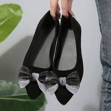 Women's Black Pointed Toe Flat Gradient Mesh Bow Ballet Shoes, Soft Suede Low Vamp Soft Sole Versatile Slouchy Loafers For Spring And Autumn - Black - View 5