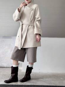 Fashion Women's Wool Blend Mid-Length Coat, Waterfall Collar, Raglan Sleeves, Belt Detail, Suitable For Autumn/Winter Wear. Nyfw. - Oatmeal - View 7