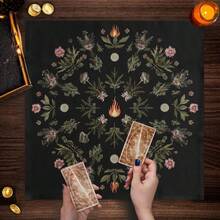 1pc 1pc Black Mandala Botanical Witch Tarot Cloth Floral Crystal Flame Print Square Altar Mat Soft Fabric Tarot Spread Table Tapestry Mystic Spiritual Ritual Bedroom Decor Gift - Black - View 7