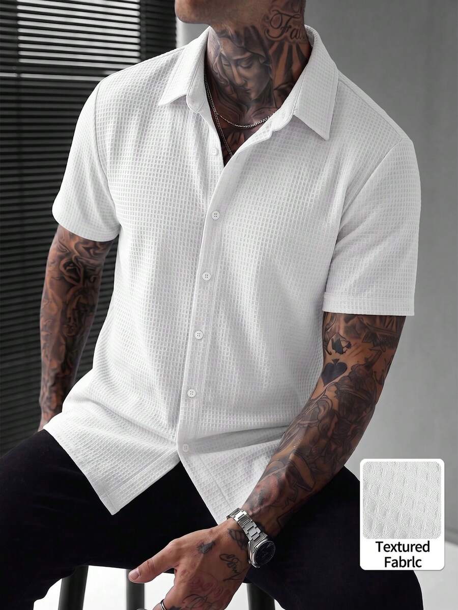 Men's Waffle Textured Solid Color Single-Breasted Shirt Collar Short Sleeve Shirt, Spring/Summer