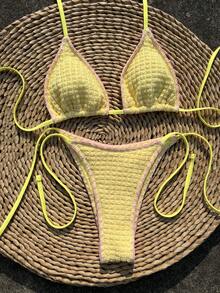 Women's Bright Yellow Triangle Bikini Set With Pink Contrast Trim, Halter Tie Design And Side-Tie Thong Bottom To Flatter Your Figure. - Yellow - View 3