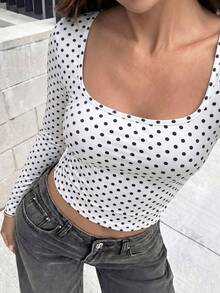 GLAMSKIN Women's Autumn Basic Polka Dot Square Neck Long Sleeve Fitted Short Top, White Sexy Fitted T-Shirt, Casual Shirt, Suitable For Back To School And Outings - White Background With Black Dots - View 5