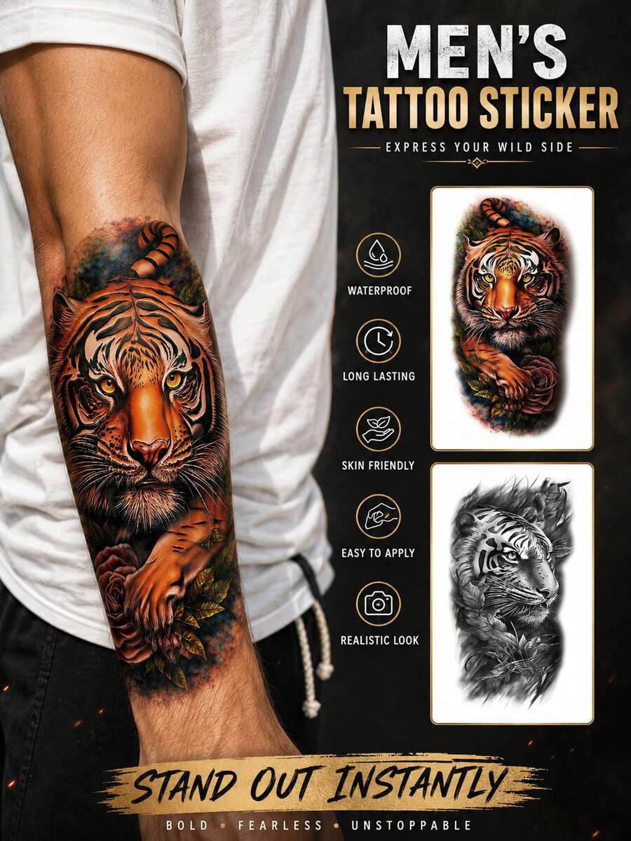 Big Size Body Art Temporary Tattoo Stickers For Women Or Men, Realistic Animal Lion Tiger Wolf Pattern, Waterproof Fake Tattoo, Lasts 2-5 Days, Covering Scars, Suitable For Parties, Gifts, Vacations, Body Decoration - Black - View 1