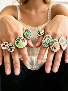 ZAA Vacation Fresh Pastoral Style Oil Painting Floral Open Ring, Artistic Elegant Fashion Geometric Oval Ring,Rings For Women - Multicolor - View 1