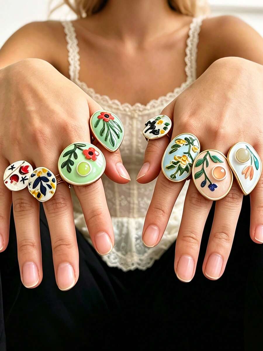 ZAA Vacation Fresh Pastoral Style Oil Painting Floral Open Ring, Artistic Elegant Fashion Geometric Oval Ring,Rings For Women - Multicolor - View 1