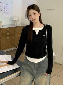 Women's Autumn/Winter Design Contrast Color 2 In 1 Long Sleeve T-Shirt - Black - View 1