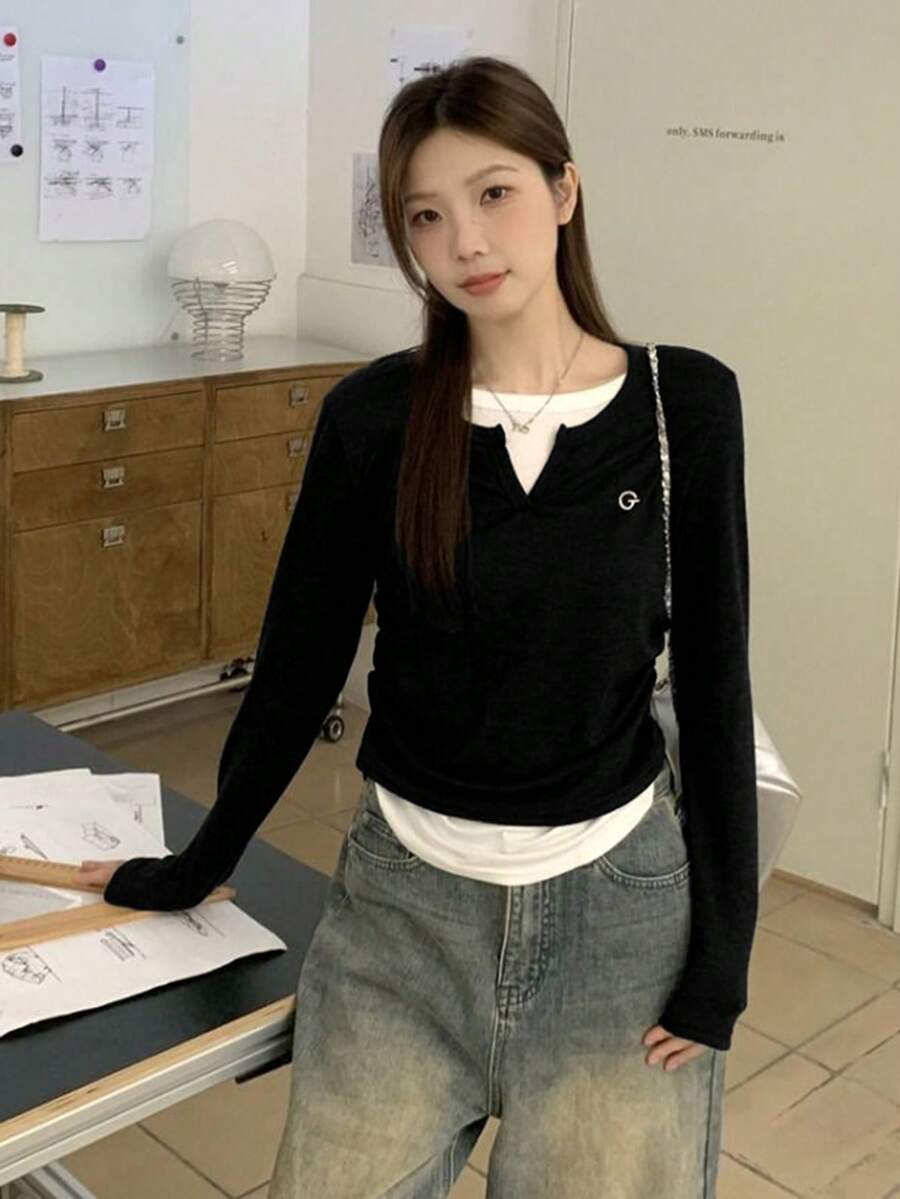 Women's Autumn/Winter Design Contrast Color 2 In 1 Long Sleeve T-Shirt - Black - View 1