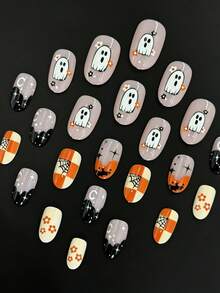 24 piezas de uñas postizas reutilizables estilo francés con diseños de fantasma lindo, murciélago, tablero de ajedrez, telaraña, flor, estrella y onda, forma ovalada, color nude y naranja brillante, para otoño y Halloween, con patrón de pequeño fantasma, murciélago negro, tablero de ajedrez naranja y blanco con telaraña, mini margarita naranja, borde francés negro decorado con letras, arte de uñas de Halloween, accesorios para uñas, adecuadas para fiesta de Halloween, uso diario de otoño, cita casual, fiesta de disfraces y salidas festivas - Multicolor - Ver 4