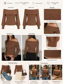 Nuevo suéter de punto regular con hombros descubiertos, unicolor, textura, para mujer, tipo pullover, para regreso a clases, fiesta, primavera, verano, otoño e invierno - Camel - Ver 6