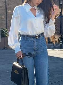 Elegant Solid-Color Long-Sleeve Shirt For Women Featuring A Cut-Out Design; Suitable For Daily Wear, Commuting, Dates, And Casual Outings. - White - View 5