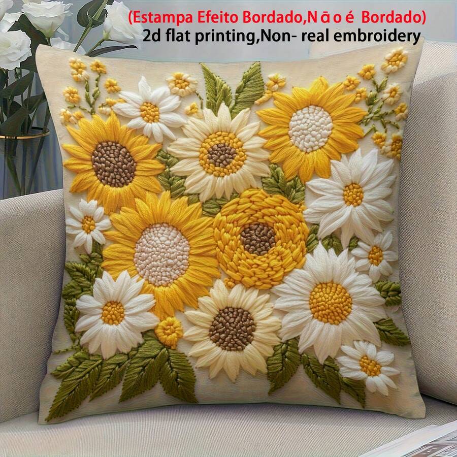 1pc Sunflower Print Pillow Case (2D Printed Pattern, Not Embroidered), Creates A Full Spring Atmosphere, 100% Polyester Square Single-Sided Printed Cushion Cover, Machine Washable, Zipper Closure, Suitable For Sofa, Bed, Car, Bedroom And Living Room, Pillow Insert Not Included - Yellow - View 1