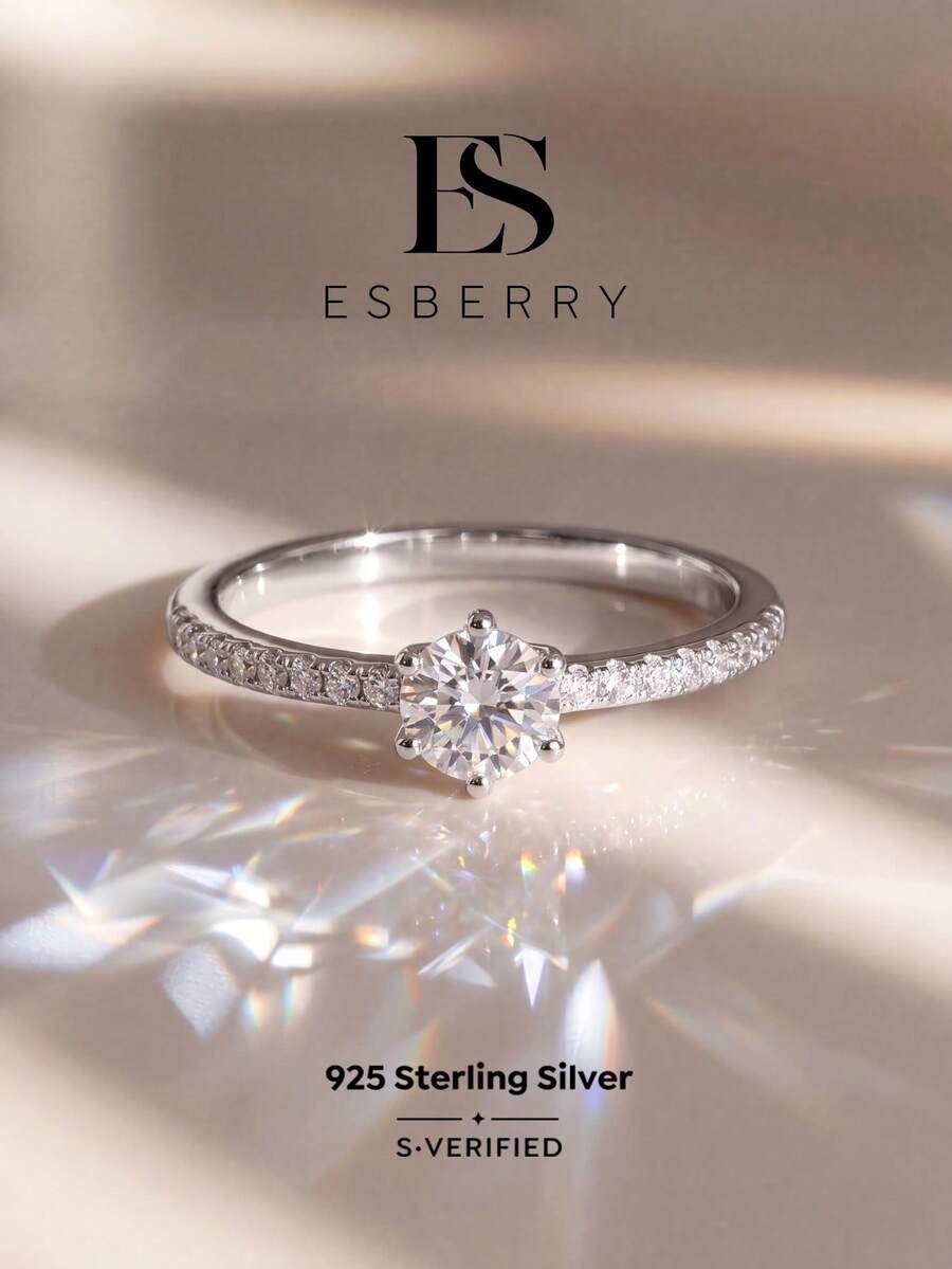 ESBERRY 1枚复古订婚/结婚戒指,镶嵌立方氧化锆,银色婚戒,优雅新娘首饰,女士款 - 銀色 - 查看 1
