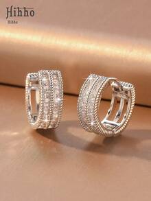 Hihho 2pcs/Set Beaded Double-Row Zirconia Inlaid Wide Gold-Tone Ear Cuffs, Vintage Luxury Full Rhinestone Exquisite Versatile Silver-Tone Hoop Earrings - Beaded Hoop Earrings - View 4