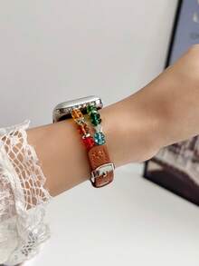 1pc Girls Kids Star Crystal Beaded Leather Watch Band Compatible With Apple Watch 41mm 40mm 38mm AppleWatch Leather Strap Elastic Casual Band Series11 10 9 8 7 6 5 4 3 2 1 SE Suitable For Stepless Adjustment Soft Smart Watch Band - Multicolor - View 11