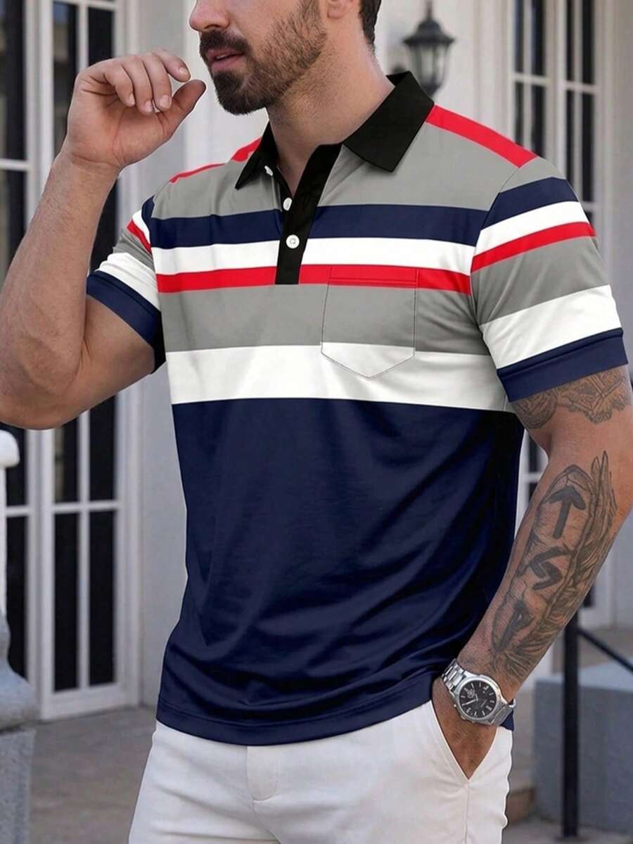 Men's Summer Commute Versatile Navy Red Gray Colorblock Striped Pocket Polo Shirt - Multicolor - View 1