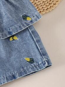 2pcs/Set Girls Toddler Street Cute Style Denim Embroidered Camisole Top & Denim Shorts Set Summer - Navy Blue - View 7