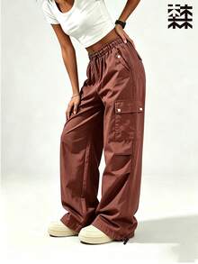 mulinsen Women's Elastic Waist Multi-Pocket Cargo Pants, Loose Wide Leg Drawstring Hem Casual Streetwear Long Pants - Rust Brown - View 6