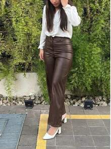 Women's Faux Leather Wide Leg Palazzo Pants With Pockets, Button And Zipper, Synthetic PU - 鏽棕色 - 查看 12