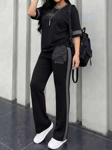 Spring/Autumn Plus Size Women's New Crew Neck Short Sleeve T-Shirt & Casual Elastic Waist Loose Long Pants 2 Pieces Set Elegant Summer - Black+Gray - View 7