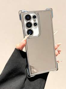 1pc Silver Electroplated Full Screen Mirror Phone Case Compatible With Samsung S24 Ultra S23 FE S22 Plus, Four-Corner Anti-Drop - Silver - View 1