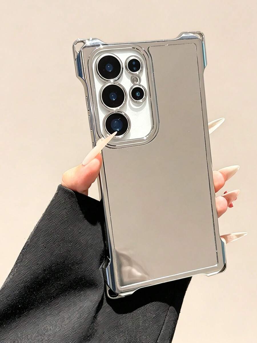1pc Silver Electroplated Full Screen Mirror Phone Case Compatible With Samsung S24 Ultra S23 FE S22 Plus, Four-Corner Anti-Drop - Silver - View 1