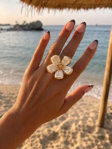 1pc Pastoral Fresh Style Raffia Flower Open Ring, White Versatile Jewelry For Women's Travel And Commute - White - View 1