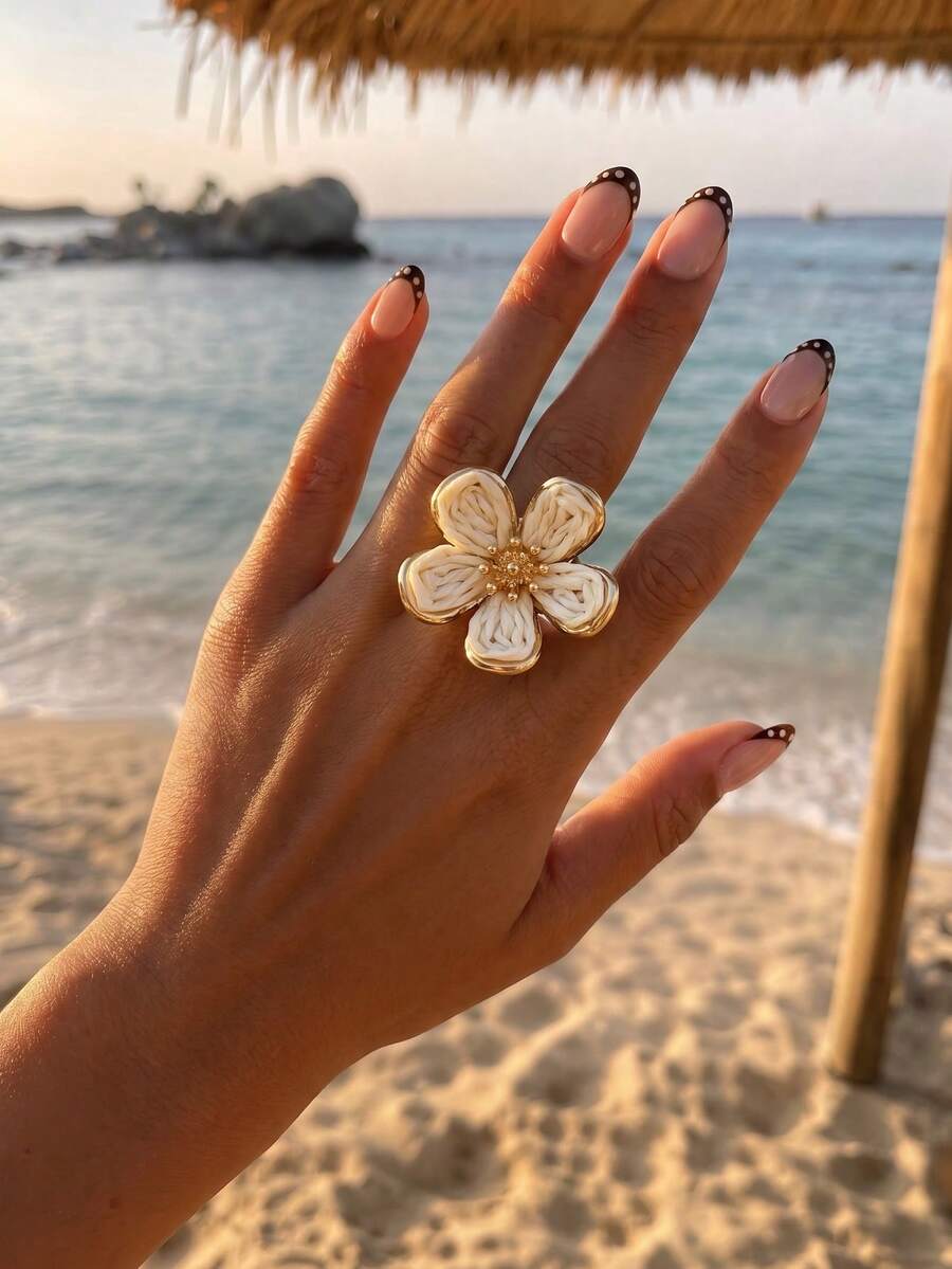 1pc Pastoral Fresh Style Raffia Flower Open Ring, White Versatile Jewelry For Women's Travel And Commute - White - View 1