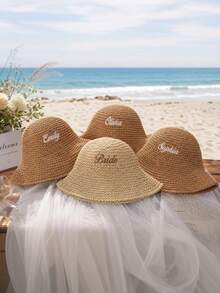 Personalized Straw Sun Hat, Embroidered Bride Beach Hat, Bachelorette Party Travel Accessory, Personalized Straw Sun Hat, Summer Bucket Hat, Bachelorette Party Gift, Bridesmaid Gift - Multicolor - View 4