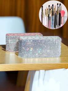 1pc Makeup Brush Storage Box, Shiny Artificial Rhinestone Eyebrow Pencil & Eyeliner Brush Holder, Face Makeup Brush Organizer Pen Pot, Vanity Desk Office Desktop Miscellaneous Storage Box, Exquisite Gift For Holidays - Multicolor - View 8