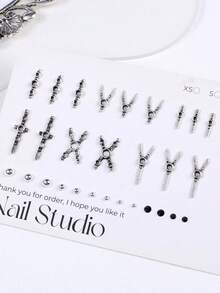 12-Grid Gothic Style Nail Art Decoration Set, Vintage Silver Cross And Scissor Metal Nail Studs, Mixed Size Black Round Rhinestones And Silver Micro Caviar Beads, Punk Dark Y2K 3D Nail Art Decor, Suitable For Nail Salon And Home DIY Nail Accessories, Nail Supplies - Multicolor - View 9