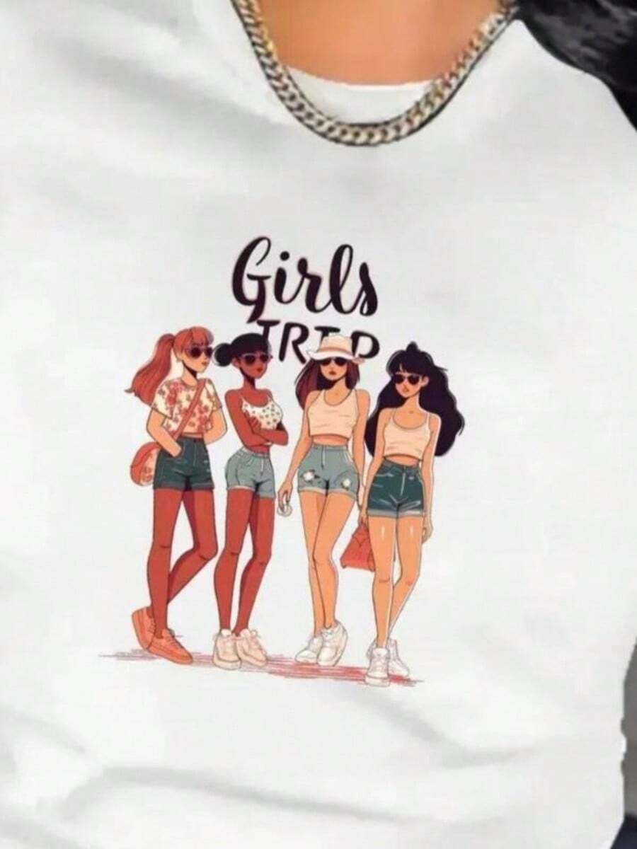 Girlssssssss's Trip Print Crew Neck T-Shirt Casual Short SLeesve T-Shirt For Spring Summer Wo Clothing - 白色 - 查看 1