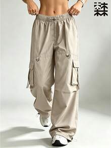 mulinsen Cargo Pants, Elastic Drawstring Waist, Multi-Pocket Wide Leg Tapered Hem Convertible Long Pants - Khaki - View 3