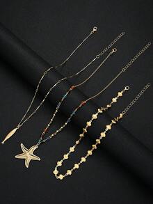 BOHO 3件組復古法式優雅時尚嘻哈波希米亞度假風鑲嵌彩色米珠海星貝殼海螺魚墜飾流蘇長金項鍊套裝 個性誇張獨特 Y2K 分層 Y 型鎖骨鏈毛衣鍊 女款夏季海灘度假派對晚宴音樂節約會禮物日常穿搭四季百搭飾品 - 彩色 - 查看 3