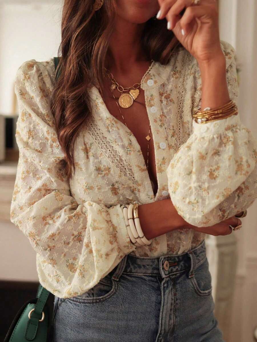 ii Casual Elegant Lace Patchwork Print Blouse Spring - Apricot - View 1