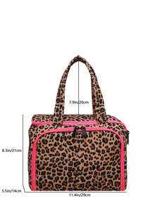 Leopard Print Large Capacity Makeup Bag, Multi-Compartment Brush Storage Pockets Portable Travel Cosmetic Organizer Handbag - Brown - View 2