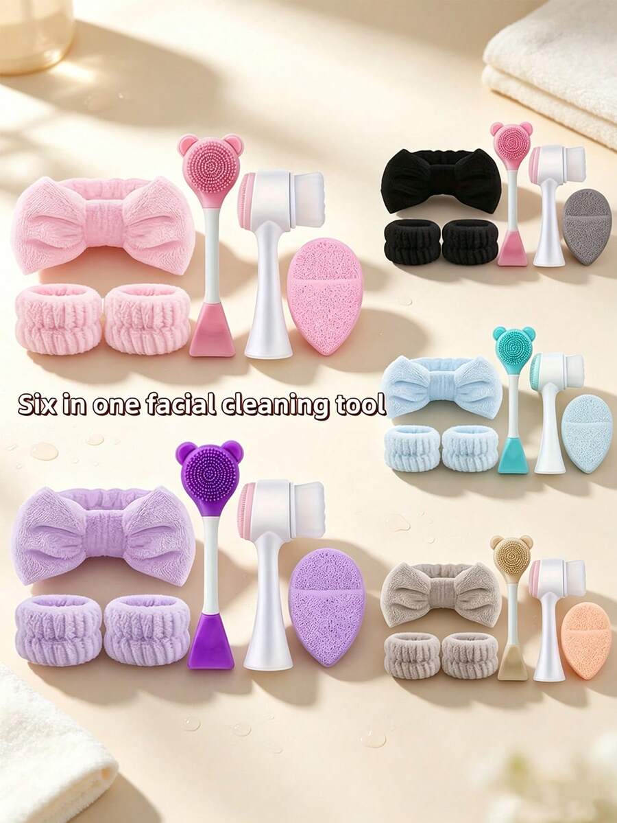 6pcs Facial Care Tool Set - Facial Cleansing Tools, Deep Cleansing Beauty SPA Mask Brushes, Includes Soft Headband, Gentle Exfoliating Brush, Compact Silicone Cleansing Brush, Portable Skincare Tools. Face Cleansing Brush - Multicolor - View 1