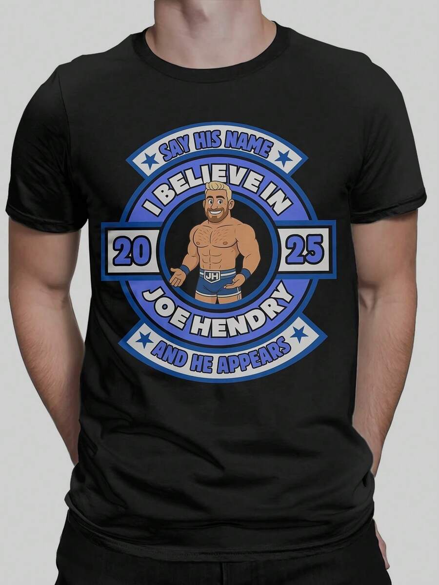 Camiseta Gráfica de Lucha Libre para Hombre de Joe Hendry - Diseño "Di su Nombre, Aparecerá 2025", Cuello Redondo, Manga Corta, Ropa Casual para Fanáticos, Camiseta de Lucha Libre, Ropa Casu - Negro - Ver 1
