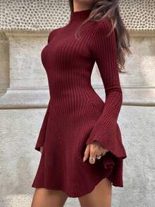 Vuslat Women's Autumn High Neck Fitted Flared Sleeve Elegant Knit Dress, New Year Party Dress, Elegant Party Dress, Birthday Dress, Christmas - Burgundy - View 9