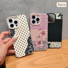 3 buah Casing Ponsel Pelindung Penuh TPU Tekstur Kulit Motif Polka Dot Kompatibel dengan Apple 11/12/13/14/15/16/17 Pro Max - Hitam + Merah Muda + Putih Klasik - View 2