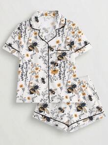 两件套女士睡衣套装，蜜蜂与花卉印花，女士家居服，春夏度假装，短袖翻领上衣和短裤可外穿 - 淺灰色 - 查看 1