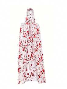 Plus Size Blood Splatter Print Hooded Long Cape, Unisex Halloween Horror Cosplay Cloak Vacation White Summer - White - View 7