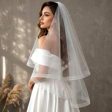 1pc Double Layer Fishbone Edge Bridal Veil Short Length With Hair Comb Suitable For Wedding, Bridal Photography And Bachelorette Party - Multicolor - View 3