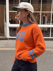 Women's Orange Colorblock 89 Number Print Crew Neck Knit Sweater, Striped Cuff Long Sleeve Autumn Casual Top - Orange - View 6
