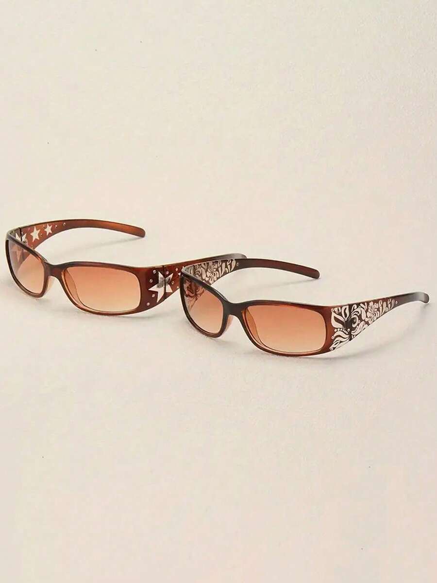 1pc/2pcs Women's Black Rhinestone Star Pattern Versatile Y2K Style Fashion Sunglasses Suitable For Daily Wear And Party - 2-pack (Brown Pattern + Brown Stars) - View 1