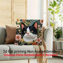 1pc Cute Cat Print Pillow Cover (Printed Design, Not Embroidered), Adorable Cat & Flower Pattern, Polyester Fabric Single-Sided Printed Cushion Cover, Zipper Closure, Machine Washable, Suitable For Home Decor, Wedding, Office Or Studio, Decorative Pillow, 18.0x18.0 Inches - Multicolor - View 4