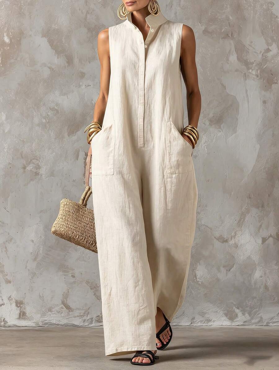 Women's Sleeveless Collared Button Front Top And Wide Leg Pants Two Piece Set Casual Linen Blend Outfit Collection - 乳白色 - 查看 1