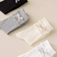 1/4 Pairs Women's Sweet Ballet Style Frill Edge Mid-Calf Socks With Cute Bow, Breathable Ruffled Ribbed Cotton Lolita JK Stackable Crew Socks,4 Season - Multicolor - View 10