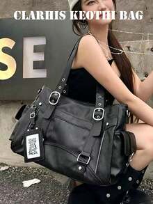 Minimalist Women's Utility Tote Bag In Black, With Zipper Compartments, Buckle Strap Design And Spacious Storage For Casual Outings And Travel - Black - View 4